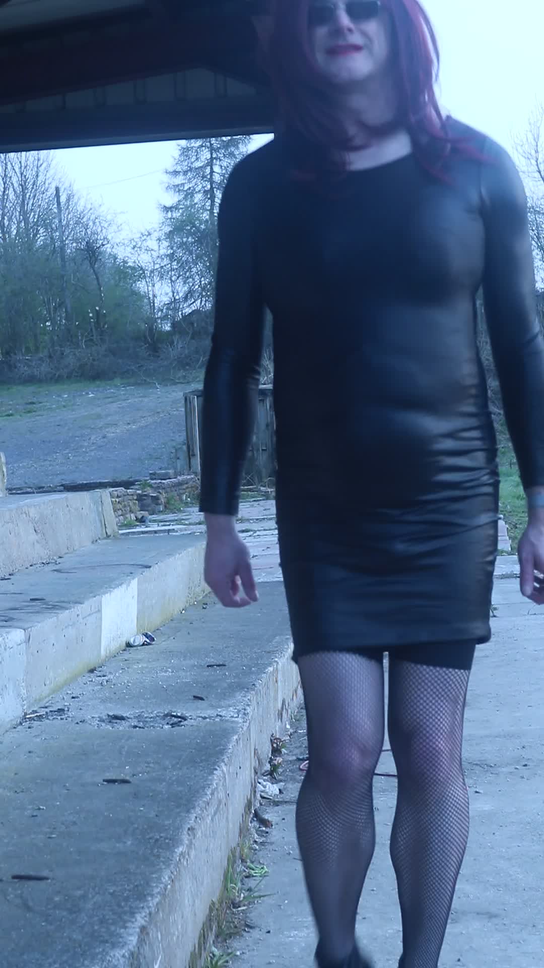 crossdresser walking outdoors